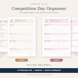 Può includere: Organizzatore per giornate di gara Saddle Flex con 10 pagine riutilizzabili in edizioni beige Classic e rosa Blush. Il PDF stampabile A4 include sezioni per dettagli evento, orari, contatti e classi. Testo presente: Pack. Plan. Ride. Reflect.