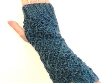 Peacock blue fingerless gloves hand knitted wool mittens winter women fashion accessories
