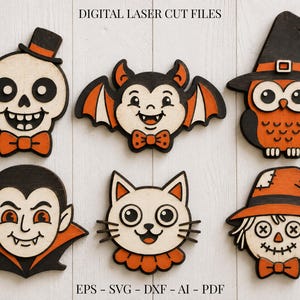 May include: A set of six Halloween-themed wooden cutouts featuring a skull with a top hat, a bat, an owl in a witch hat, a vampire, a cat, and a scarecrow. The text DIGITAL LASER CUT FILES and EPS - SVG - DXF - AI - PDF are visible on the image.