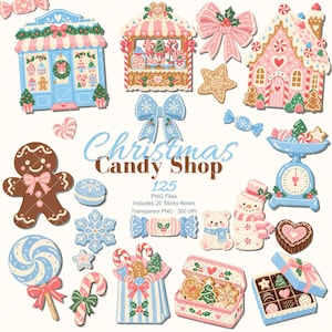 Könnte beinhalten: Eine digitale Sammlung von Weihnachts-Süßwarenladen-Illustrationen mit einem blauen Laden, Lebkuchenhaus, Lebkuchenmann, Zuckerstangen, Lollis, Schleifen, Schneeflocken, einem Schneemann, einem Bären und Pralinenschachteln mit dem Text Christmas Candy Shop.