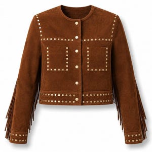 May include: A brown suede jacket featuring a round neckline, long sleeves with fringe detailing, and gold-toned metal studs lining the front placket, two chest pockets, the bottom hem, and the cuffs. The jacket fastens with gold-toned buttons.