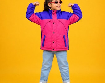 Kids 90s Retro Color Block Windbreaker Jacket Pink Purple Vintage Style