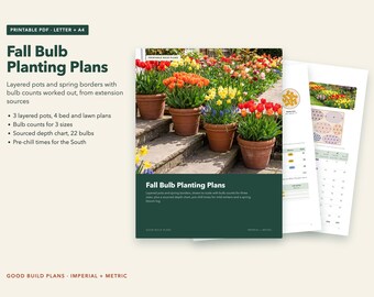 May include: A printable PDF document titled Fall Bulb Planting Plans featuring layered pots and spring borders. The document includes 3 layered pots, 4 bed and lawn plans, bulb counts for 3 sizes, a sourced depth chart, and pre-chill times.
