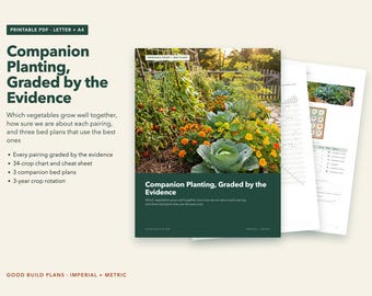 May include: A printable PDF guide titled Companion Planting, Graded by the Evidence. The cover features a garden photograph with cabbage and marigolds. Included are a 34-crop chart, cheat sheet, three companion bed plans, and a 3-year crop rotation.