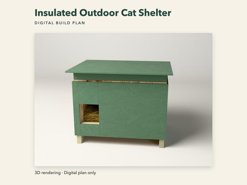 Peut inclure: Un plan de construction num&eacute;rique pour un abri ext&eacute;rieur isol&eacute; pour chat de couleur verte. La structure pr&eacute;sente un toit plat, une entr&eacute;e rectangulaire sur le c&ocirc;t&eacute; gauche et une base en bois. Le texte indique Insulated Outdoor Cat Shelter, Digital Build Plan, 3D rendering, Digital plan only.