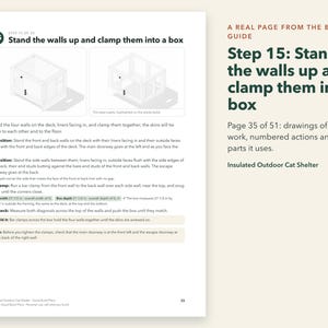 Peut inclure: Une page d'un guide de construction intitul&eacute;e Step 15: Stand the walls up and clamp them into a box. Elle pr&eacute;sente des sch&eacute;mas techniques, des instructions num&eacute;rot&eacute;es pour assembler un abri ext&eacute;rieur pour chat et des dimensions de 69,85 cm par 54,61 cm.