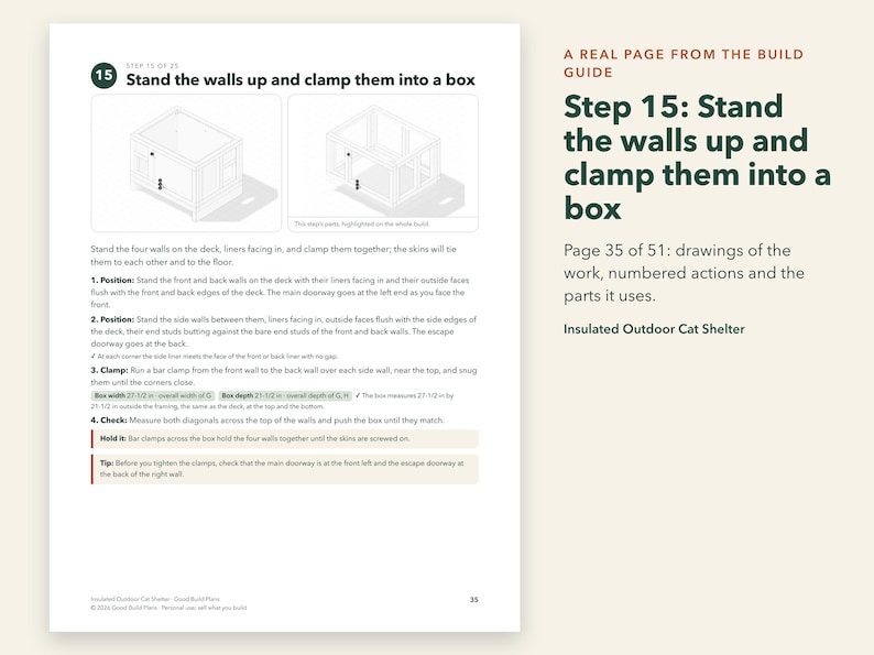 Peut inclure: Une page d'un guide de construction intitul&eacute;e Step 15: Stand the walls up and clamp them into a box. Elle pr&eacute;sente des sch&eacute;mas techniques, des instructions num&eacute;rot&eacute;es pour assembler un abri ext&eacute;rieur pour chat et des dimensions de 69,85 cm par 54,61 cm.