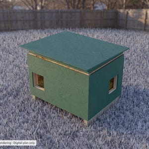 AI-edited 3D rendering of the Insulated Outdoor Cat Shelter, a digital build plan. Finished size 30-1/2 × 26 × 24 in (77 × 66 × 61 cm). Digital plan only; no physical item ships.