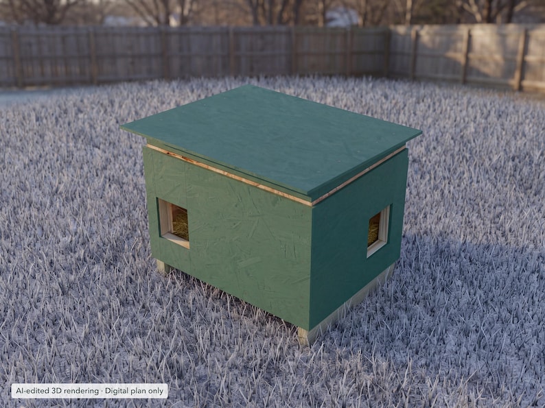 AI-edited 3D rendering of the Insulated Outdoor Cat Shelter, a digital build plan. Finished size 30-1/2 × 26 × 24 in (77 × 66 × 61 cm). Digital plan only; no physical item ships.