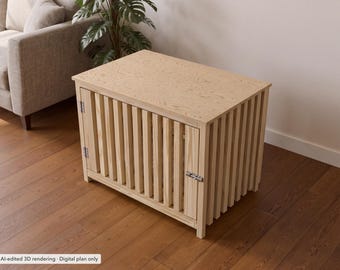 Plans pour fabriquer une table d'appoint pour cage de chien, mobilier de niche en bois, PDF à faire soi-même, liste de découpe, guide 3D