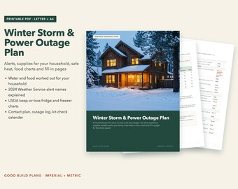 May include: A printable Winter Storm & Power Outage Plan document set. The cover features a dark green header and a snowy house image with the title. Includes pages for household alerts, food and water charts, and outage logs in Letter size.