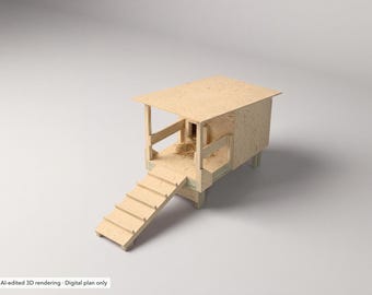 May include: A light-colored wooden animal coop featuring a flat roof, an open-sided porch area with a small pile of straw, and a ramp with horizontal slats leading up to the entrance. The structure is elevated on short legs.