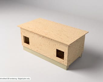 Peut inclure: Un enclos rectangulaire en bois doté d'une surface supérieure plate et de deux ouvertures carrées sur le panneau avant. La structure est construite en contreplaqué clair avec un motif de grain de bois visible, reposant sur une base solide.