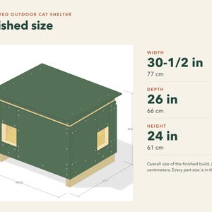 Peut inclure: Un abri ext&eacute;rieur isol&eacute; pour chat avec un ext&eacute;rieur vert et une base en bois clair. Le texte indique : Insulated Outdoor Cat Shelter, Finished size, Width 77 cm, Depth 66 cm, Height 61 cm. Les dimensions sont indiqu&eacute;es en centim&egrave;tres.