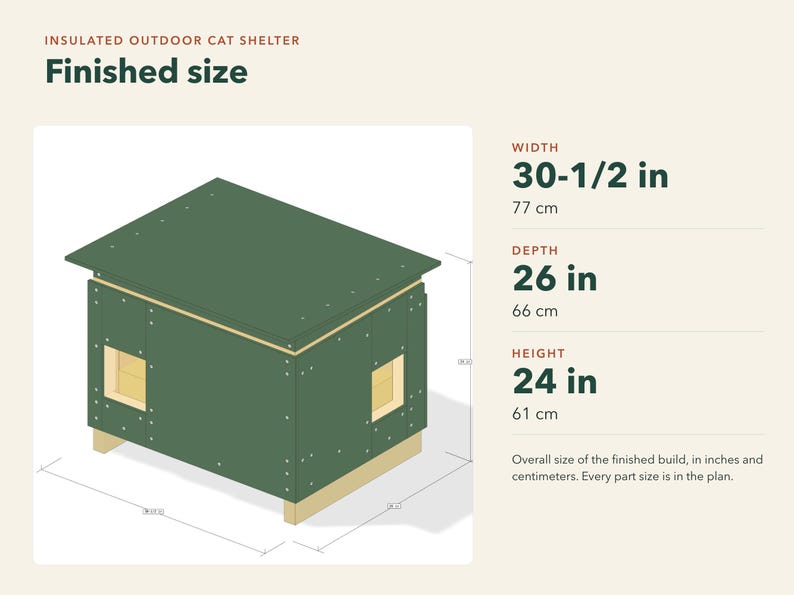 Peut inclure: Un abri ext&eacute;rieur isol&eacute; pour chat avec un ext&eacute;rieur vert et une base en bois clair. Le texte indique : Insulated Outdoor Cat Shelter, Finished size, Width 77 cm, Depth 66 cm, Height 61 cm. Les dimensions sont indiqu&eacute;es en centim&egrave;tres.