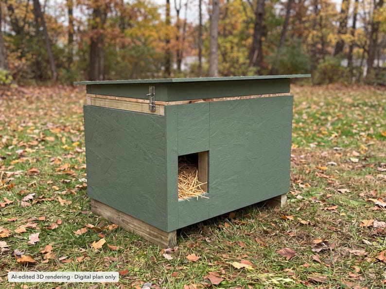 Another AI-edited 3D rendering of the Insulated Outdoor Cat Shelter. Digital plan only; no physical item ships.
