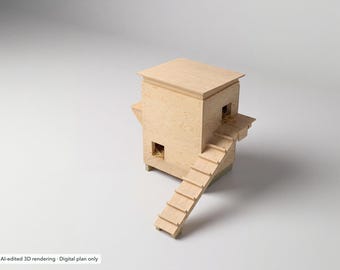 Peut inclure: Une maison pour animaux en bois clair avec un toit plat, une petite entrée carrée au niveau supérieur, une ouverture carrée inférieure et un escalier attaché menant à la plateforme supérieure. La structure est en contreplaqué avec un grain visible.