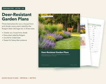 May include: A printable PDF document titled Deer-Resistant Garden Plans, featuring three bed plans for sun, house front, and shade. The cover shows a garden with purple and yellow flowers and a deer, with additional pages displaying plant lists.