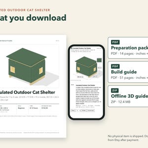Peut inclure: Un t&eacute;l&eacute;chargement num&eacute;rique pour un projet d'abri ext&eacute;rieur isol&eacute; pour chat. Le document comprend un guide de pr&eacute;paration de 14 pages, un guide de construction de 51 pages et un guide 3D hors ligne. Il pr&eacute;sente des sch&eacute;mas techniques, des dimensions en pouces et mm, et des d&eacute;tails de construction pour un abri rectangulaire vert.