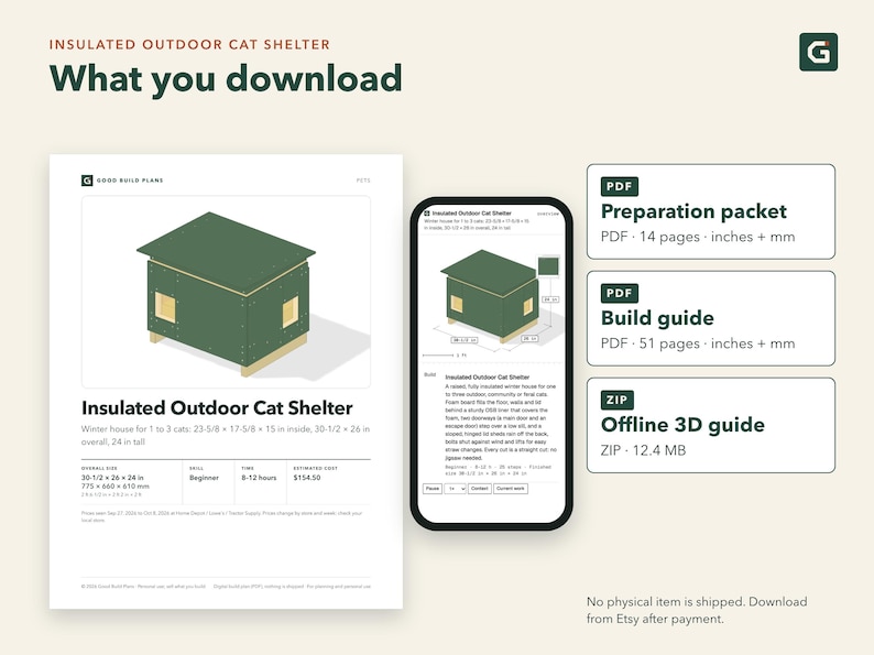 Peut inclure: Un t&eacute;l&eacute;chargement num&eacute;rique pour un projet d'abri ext&eacute;rieur isol&eacute; pour chat. Le document comprend un guide de pr&eacute;paration de 14 pages, un guide de construction de 51 pages et un guide 3D hors ligne. Il pr&eacute;sente des sch&eacute;mas techniques, des dimensions en pouces et mm, et des d&eacute;tails de construction pour un abri rectangulaire vert.