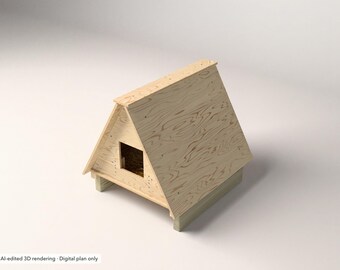 May include: A triangular wooden pet house featuring a light-colored plywood exterior with a visible wood grain pattern. The structure has a square entrance opening on the front panel and is elevated on two sturdy rectangular wooden base supports.