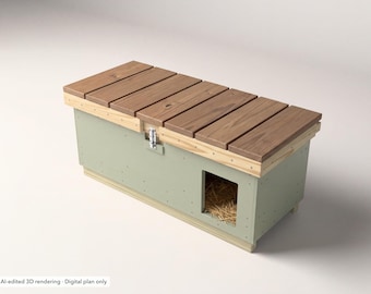 May include: A rectangular wooden pet shelter with a sage green exterior and a brown slatted lid. The structure features a small square entrance on the front side, revealing a patch of straw inside, and a metal latch on the front panel.
