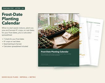 May include: A printable Frost-Date Planting Calendar PDF document featuring charts for 41 crops, seed-starting to harvest schedules, and a calculator spreadsheet. The cover displays seedlings in pots on a wooden surface with text.