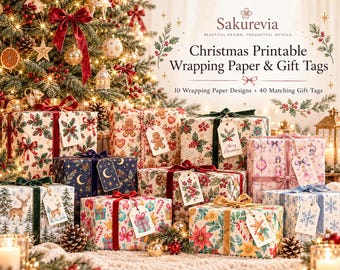 May include: A collection of gift boxes wrapped in various Christmas-themed papers featuring gingerbread men, reindeer, snowflakes, and floral patterns. Each box is tied with velvet ribbons and includes matching gift tags. The text reads Sakurevia Christmas Printable Wrapping Paper & Gift Tags, 10 Wrapping Paper Designs + 40 Matching Gift Tags.