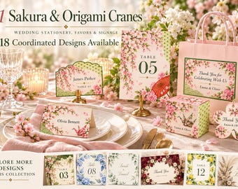 Wedding Day Stationery Bundle, 18 Coordinated Designs, Place Cards, Table Numbers, Favor Tags, Gift Box & Bag, Digital Download