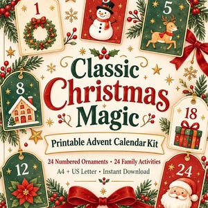 Klassisches Weihnachtszauber-Adventskalender-Set zum Ausdrucken, 24 nummerierte Ornamente, Familienaktivitätskarten, Weihnachtscountdown für Kinder