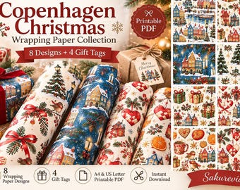Copenhagen Christmas Wrapping Paper, 8 Designs and 4 Gift Tags, Danish Style, Printable