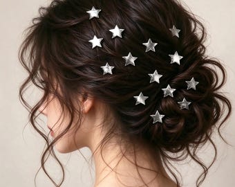 May include: A set of small, metallic silver star-shaped hair pins arranged throughout a dark brown updo hairstyle. The pins feature a five-pointed star design with a textured finish, distributed across the hair to create a celestial effect.