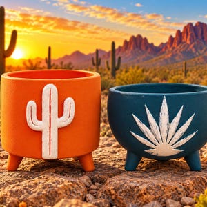 May include: Two cylindrical planters with three small legs. The left planter is bright orange with a white embossed cactus design. The right planter is dark teal with a white embossed agave leaf design. Both pots have a smooth, matte finish.