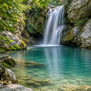 May include: A waterfall cascades over light grey rocky cliffs into a clear turquoise pool. The water flows from a height into the basin, surrounded by lush green foliage and trees that frame the top and sides of the natural landscape.