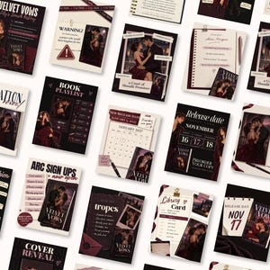 May include: A collection of digital marketing graphics for the book Velvet Vows, featuring romantic imagery of a couple, calendar dates, book tropes, playlists, and release information in a dark red, black, and cream color palette.