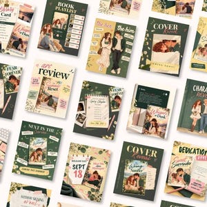 May include: A collection of digital marketing graphics for book promotion featuring various layouts, illustrations of couples, book covers, and text overlays like Library Card, Book Playlist, Arc Review, Cover Reveal, and Character Reveal.