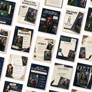 May include: A collection of promotional marketing cards for the book A Court of Moonlit Promises, featuring various designs including character reveals, reading status trackers, calendars, and checklists with dark green and cream color schemes.