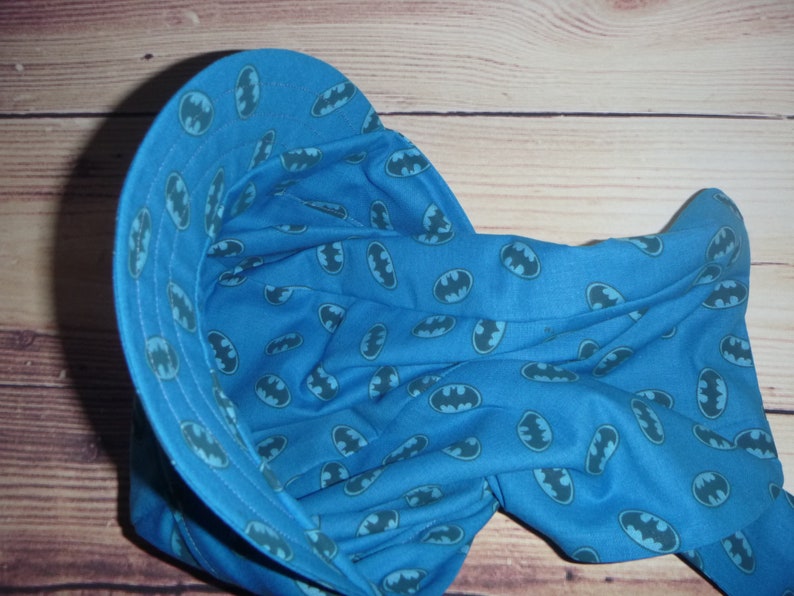 Womens Blue Chemo Sun Hat Fun action hero print Blue Bat Bandana Do Rag self tying comfort for illness Cancer Hair Loss Chemo