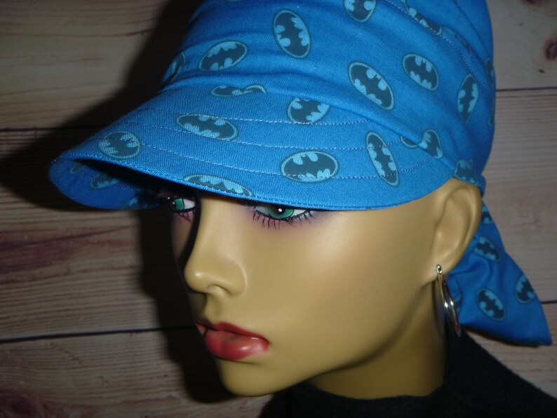 Womens Blue Chemo Sun Hat Fun action hero print Blue Bat Bandana Do Rag self tying comfort for illness Cancer Hair Loss Chemo
