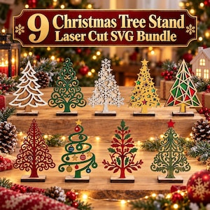 9 Christmas Tree Stand Laser Cut SVG Bundle, Wooden Tabletop Christmas Tree Templates, Freestanding Holiday Decor