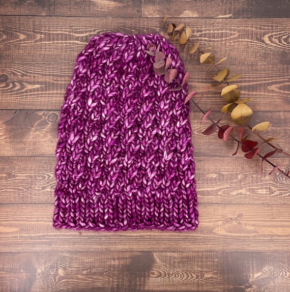 Cable Knit Beanie Hat In Magenta C.C BeanieTail Soft Stretch Cable Knit Messy High Bun  main image 2