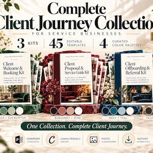 May include: A digital product collection featuring three kits: Client Welcome & Booking, Client Proposal & Service Guide, and Client Offboarding & Referral. Includes 45 editable templates and 4 color palettes in emerald, burgundy, navy, and taupe.