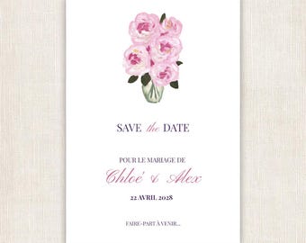 Save the Date Wedding Illustrated Peonies A6 | Minimalist Wedding Invitation to Personalize | DIY Canva Template (digital download)