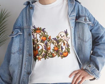 Boo Watercolor Script Tee, Whimsical Halloween Botanical Shirt, Unisex Cotton