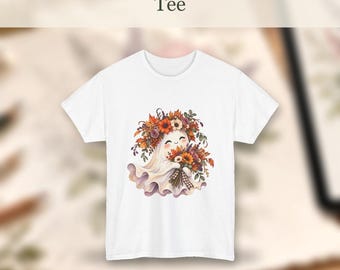 Floral Ghost Tee, Botanical Halloween Illustration Shirt, Unisex Cotton