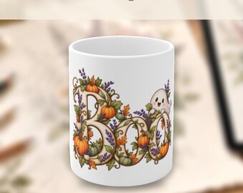Boo Watercolor Script Mug, Whimsical Seasonal Decor For Autumn, Spooky Aesthetic Gift For Friends, Playful Coffee Cup Present