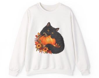 Watercolor Black Cat Pumpkin Sweatshirt, Cottagecore Style, Autumn Home Accent