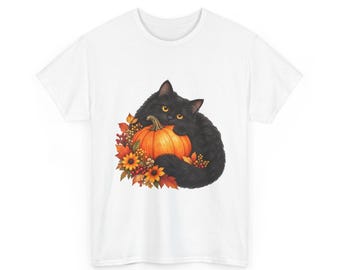 Watercolor Black Cat Pumpkin Shirt, Autumn Botanical Halloween Tee, Cottagecore Fall Gift