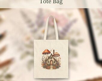 Mushroom Cottage Ghost Tote Bag, Dark Cottagecore Watercolor, Cotton Canvas