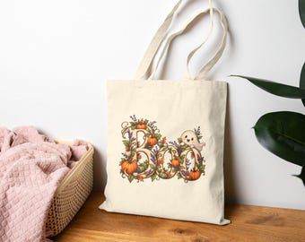 Boo Watercolor Script Tote Bag, Whimsical Halloween Botanical, Cotton Canvas